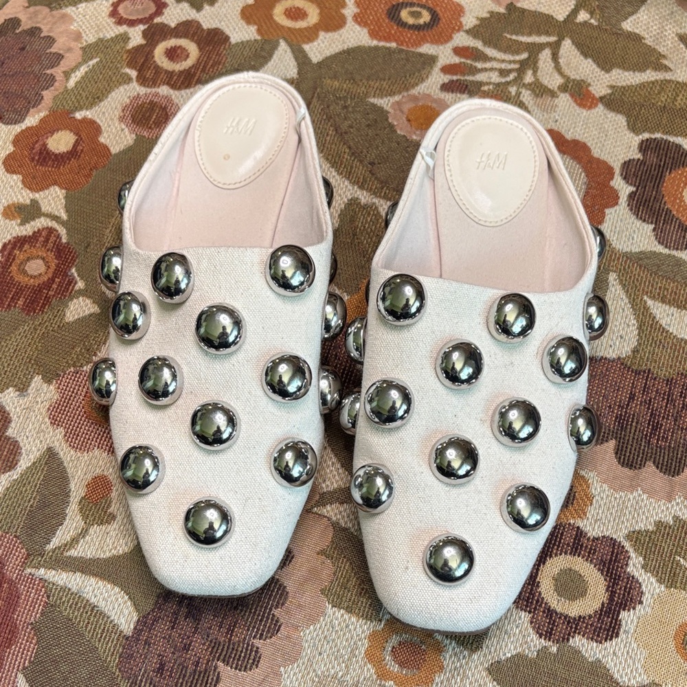H&M White Slip-On Mules with Silver Dome Studs